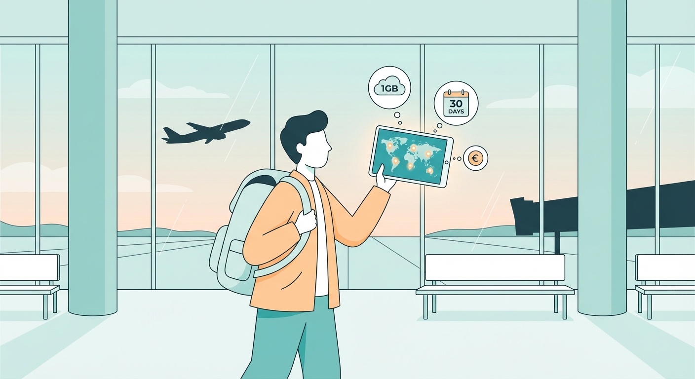 Choose an eSIM plan — traveller browsing destinations on a tablet
