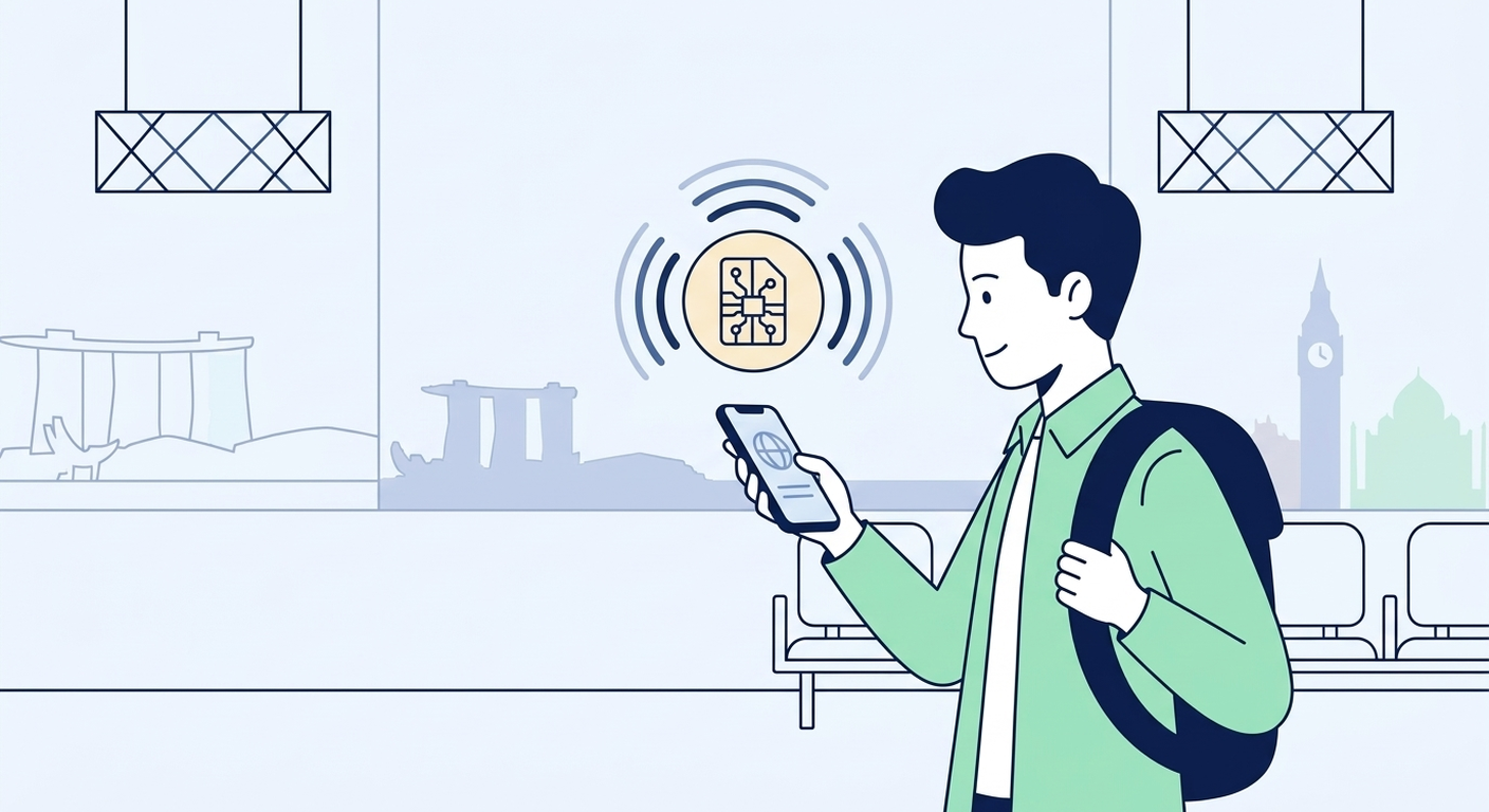 Traveller at an airport using eSIM connectivity